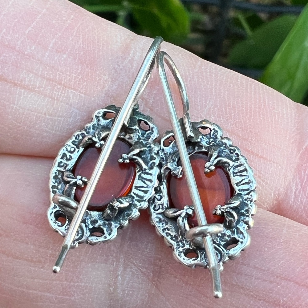 VINTAGE 925 STERLING SLVR OVAL AMBER SMALL ORNATE EARRINGS DROP DANGLE WIRE LOCK - Picture 4 of 16